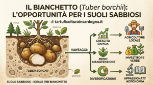 Scopri perché il Tartufo Bianchetto (Tuber borchii) è la scelta vincente per i terreni sabbiosi in Sardegna. Guida tecnica alla coltivazione e opportunità di mercato.